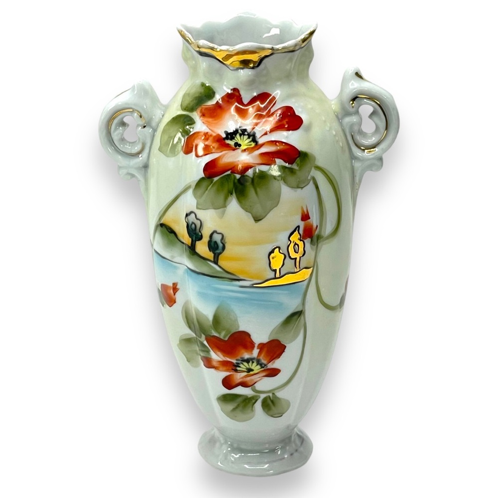 Nippon Hand-Painted Porcelian 2 Handle Vase Floral Lake  Pattern & Gold Trim